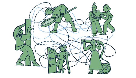 A messy jumble of dotted lines are being measured by five people each using different measuring methods, such as tapes, check lists, magnifying glass and ruler