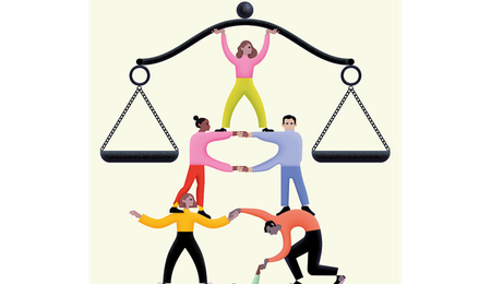 Five people help each other to stand on each others shoulders in a triangle to hold a balanced weighing scale