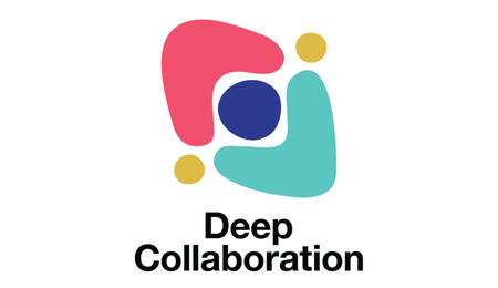 Deep Collaboration logo where a dark blue circle sits between a pink shape and a light blue shape