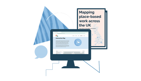 A triangle sits behind a laptop showing a screen which reads "Interactive Map". A book is next to the image which has the title "Mapping place-based work across the UK"