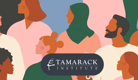 Mix of people stand in a crowd. Tamarack Institute logo appears on top